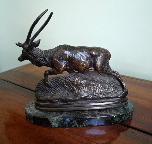 Antoine-Louis Barye
Le Cerf, 1838
Bronze
5 x 6 1/2 in. (12.7 x 16.5 cm)
With brown patina on conforming loose green mottled marble base