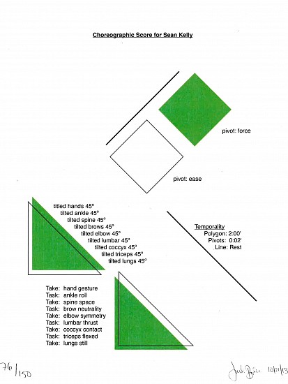 Jonah Bokaer
Choreographic Score for Sean Kelly, 2013
Digital print on white linen laid custom paper
11 x 8 1/2 in. (27.9 x 21.6 cm)
Graphic animation software rendered in the form of a score before being taught to the artist’s dancersEdition 76/150 + 5APs + 5DCs