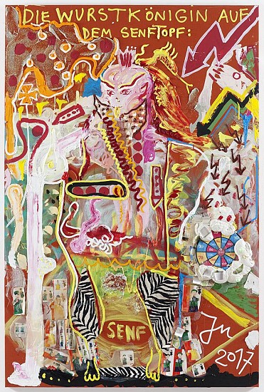 Jonathan Meese
DR. LOCH ""NESSIE"" LEBT AUF DEM MOND, 2017
Oil, acrylic, acrylic modelling paste, Caparol-dispersion binder, acrylic gel, acrylic paste and mixed media on canvas
106 7/16 x 71 x 1 5/16 in. (270.4 x 180.3 x 3.3 cm)