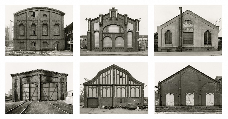 Bernd and Hilla Becher
Engine Houses, 1967-1984; 1986
Ferrotyped gelatin silver print (black & white)
12 1/4 x 16 in. (31.1 x 40.6 cm)
Six prints: 1. Zeche Concordia, Oberhausen, Ruhrgebiet, D, 1967
2. Zeche Waltrop, Waltrop, Ruhrgebiet, D, 1982
3. Grube Ensdorf, Ensdorf, Saarland, D, 1979
4. Zeche Werne, Werne, Ruhrgebiet, D, 1976
5. Zeche Pulto, Wanne-Eickel, Ruhrgebiet, D, 1981
6. Charleroi-Montigny, B, 1984