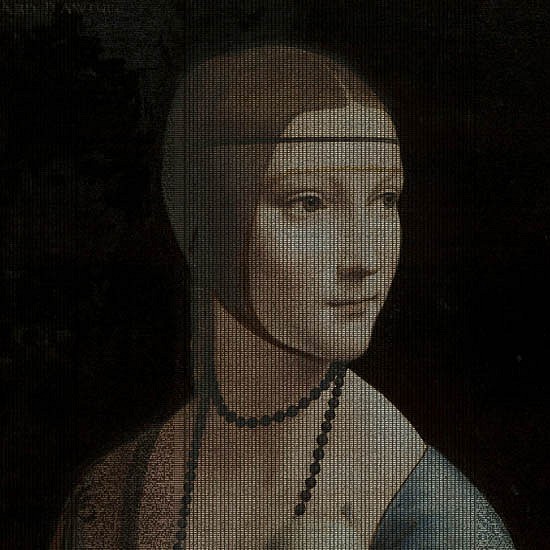 Jean-François Rauzier
After Leonardo da Vinci - Lady with an Ermine, 1489, 2013
Double photograph transparency and digital code mounted in a lightbox
24 x 24 x 2 3/4 in. (61 x 61 x 7 cm)
Edition 1/3
